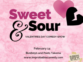 Sweet & Sour Valentine’s Day comedy show flyer at Busboys and Poets Takoma on February 14