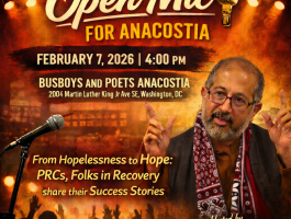 Open Mic for Anacostia flyer featuring Brother Khan, highlighting a community recovery storytelling event at Busboys and Poets Anacostia on February 7, 2026.