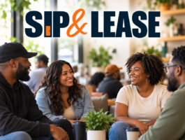 Sip & Lease promotional graphic showing people connecting over drinks.